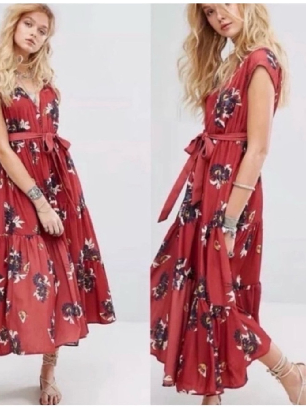 Free People Red fall Floral Tie-Waist Maxi Dress S